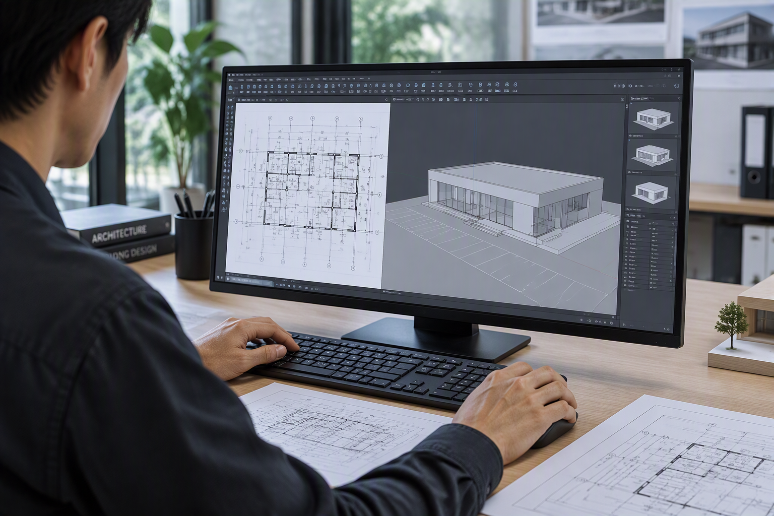 図面から3Dモデルを作成するCAD/BIMツール画面。左に平面図、右に3Dモデルが表示されている